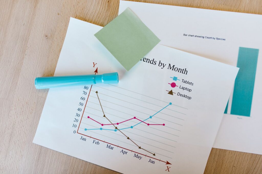 Desk with colorful graphs, sticky notes, and a marker, perfe
